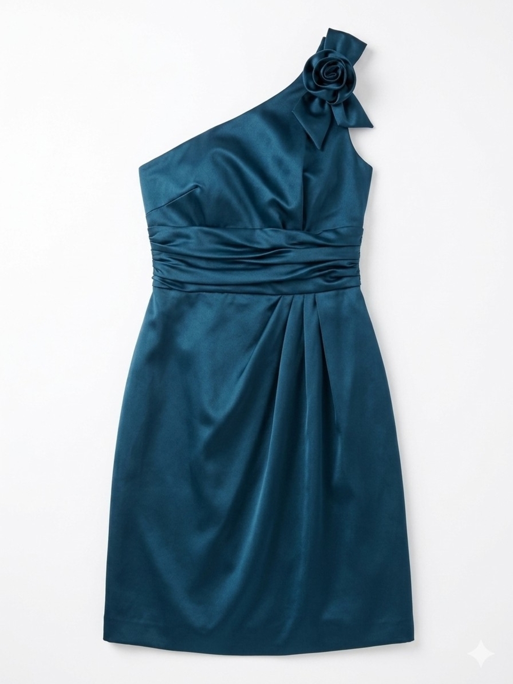 David's Bridal Teal One-Shoulder Satin Dress with Rosette